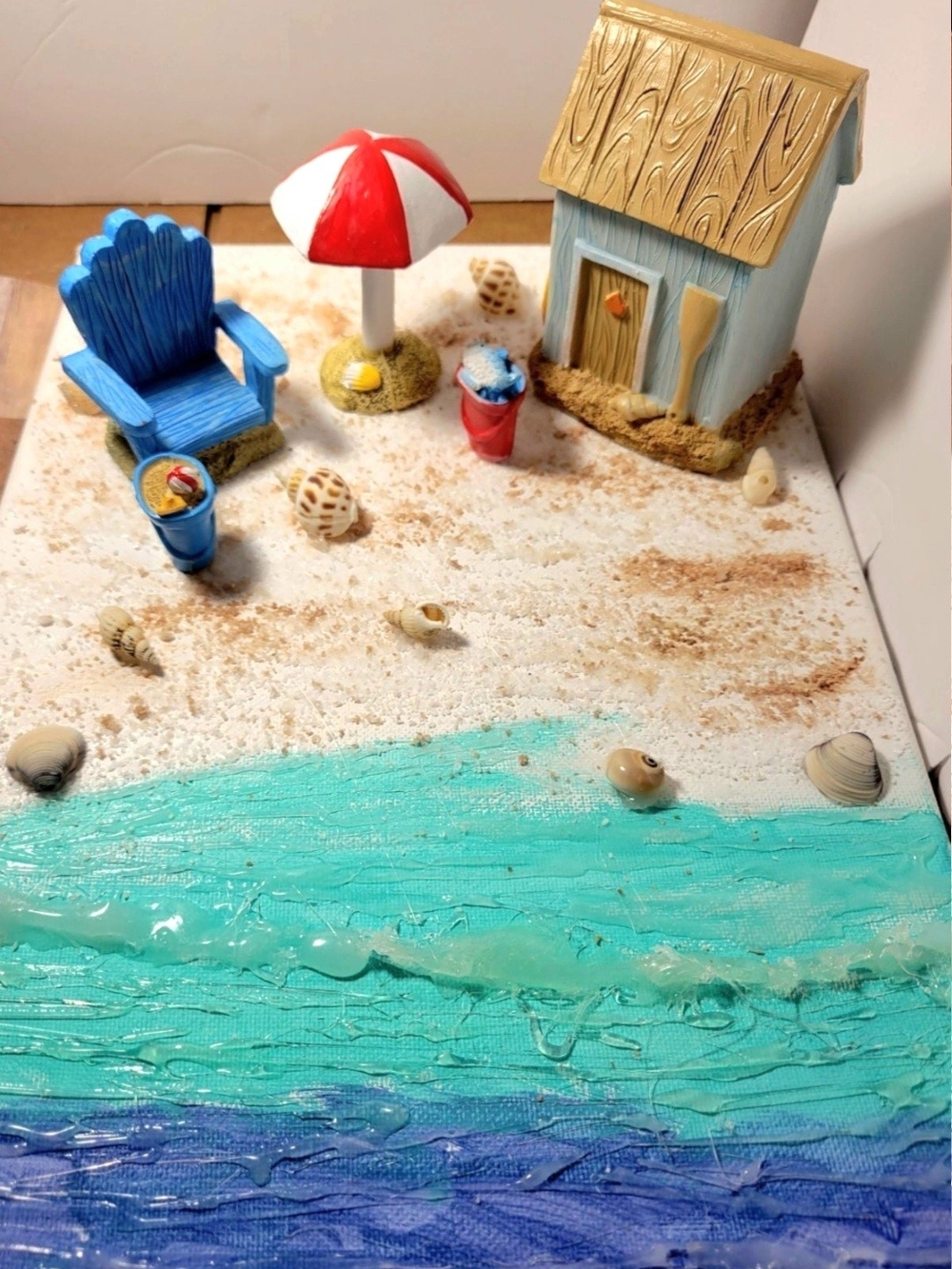Coastal Mixed Beach Scene Blue, Turquoise, Red Accents